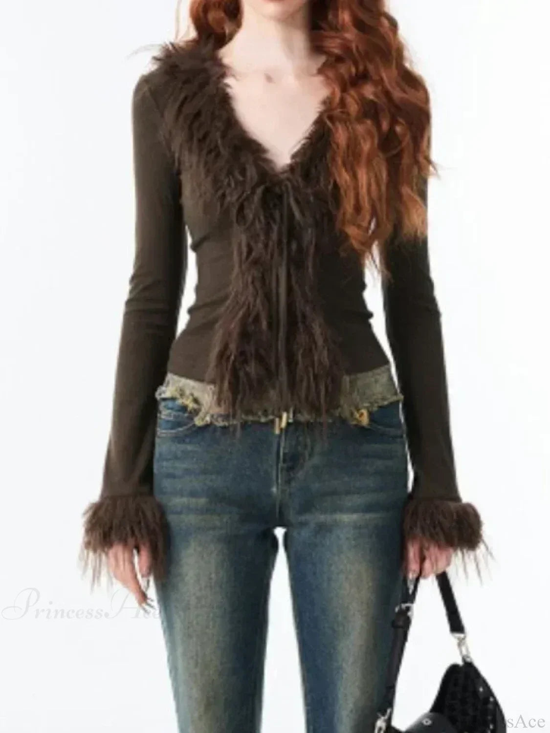 Bandage Fur Patchwork V-Neck Cardigan image 2