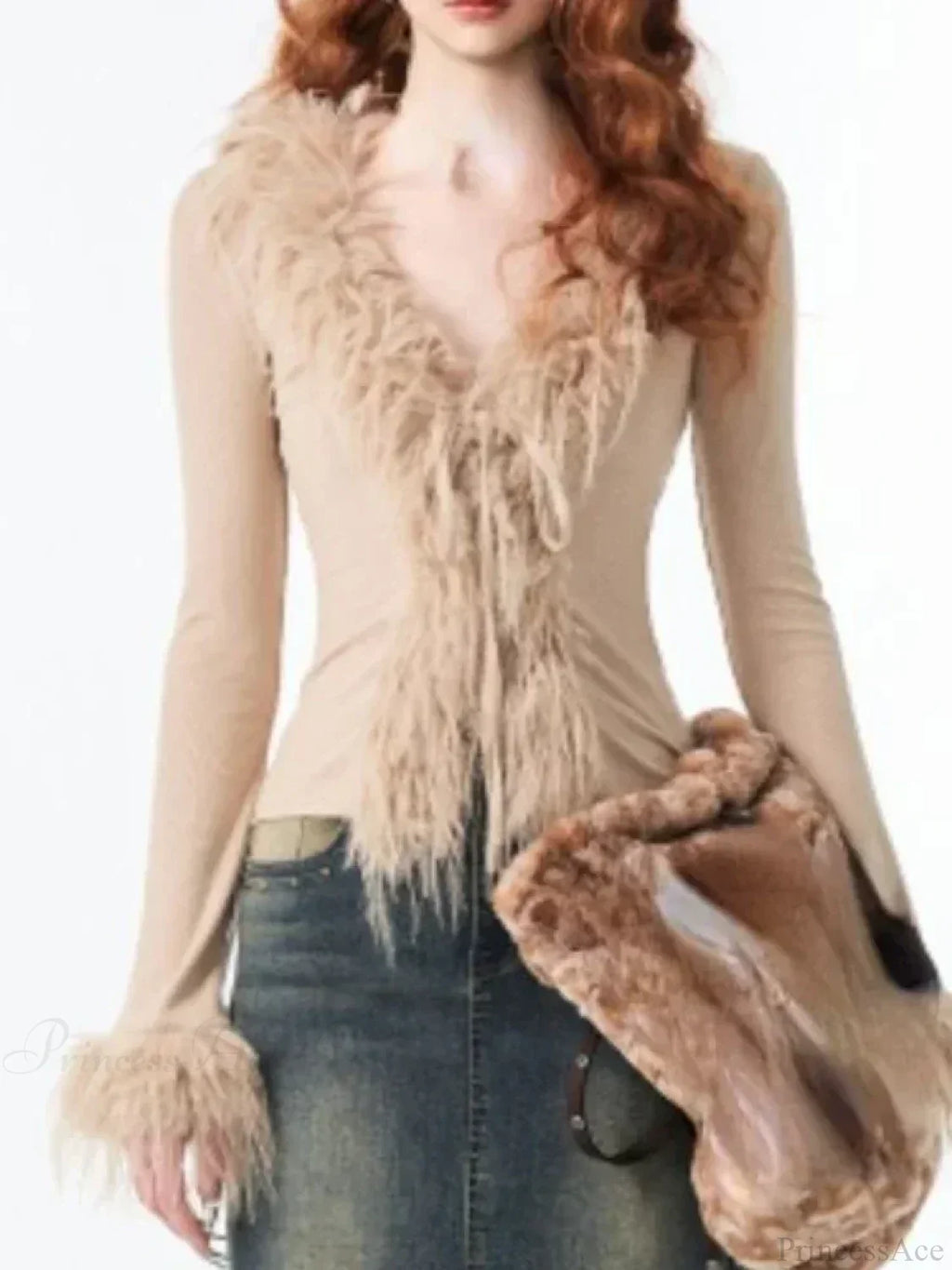 Bandage Fur Patchwork V-Neck Cardigan image 4