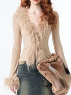 Bandage Fur Patchwork V-Neck Cardigan image 4