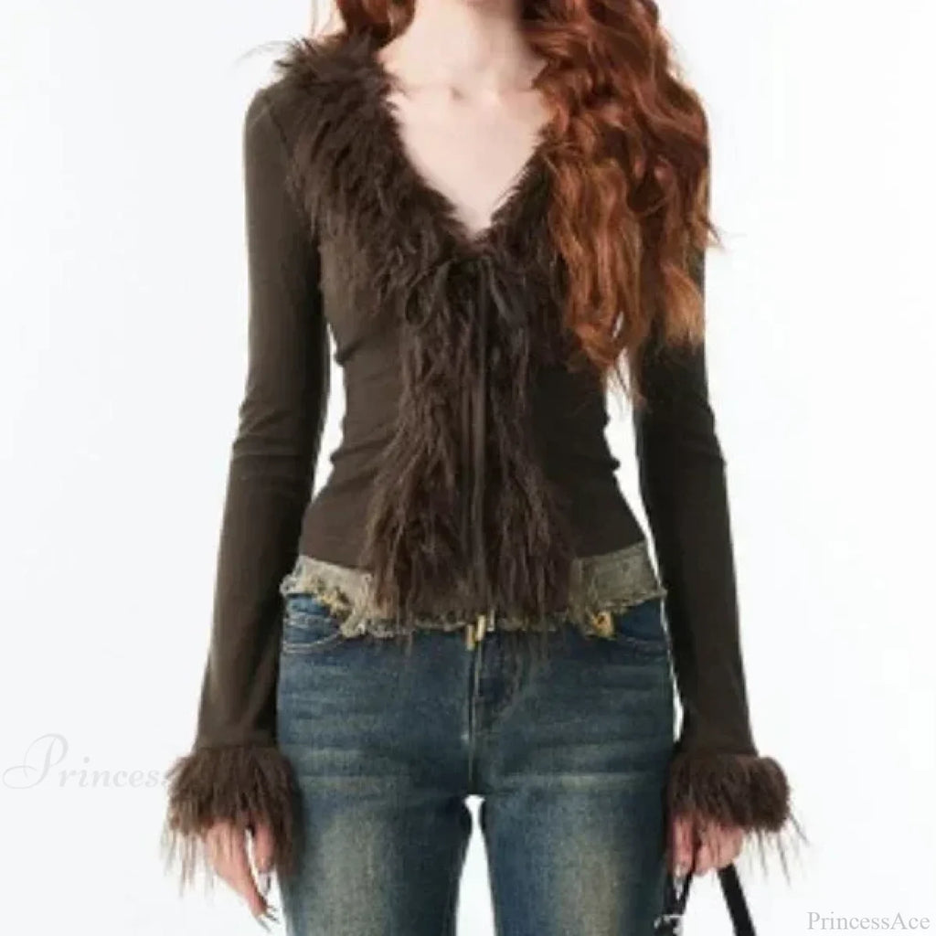Bandage Fur Patchwork V-Neck Cardigan image 5