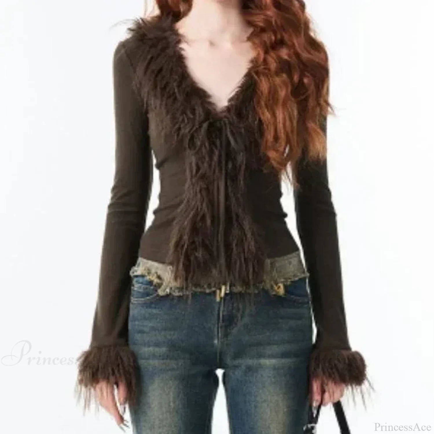 Bandage Fur Patchwork V-Neck Cardigan image 5