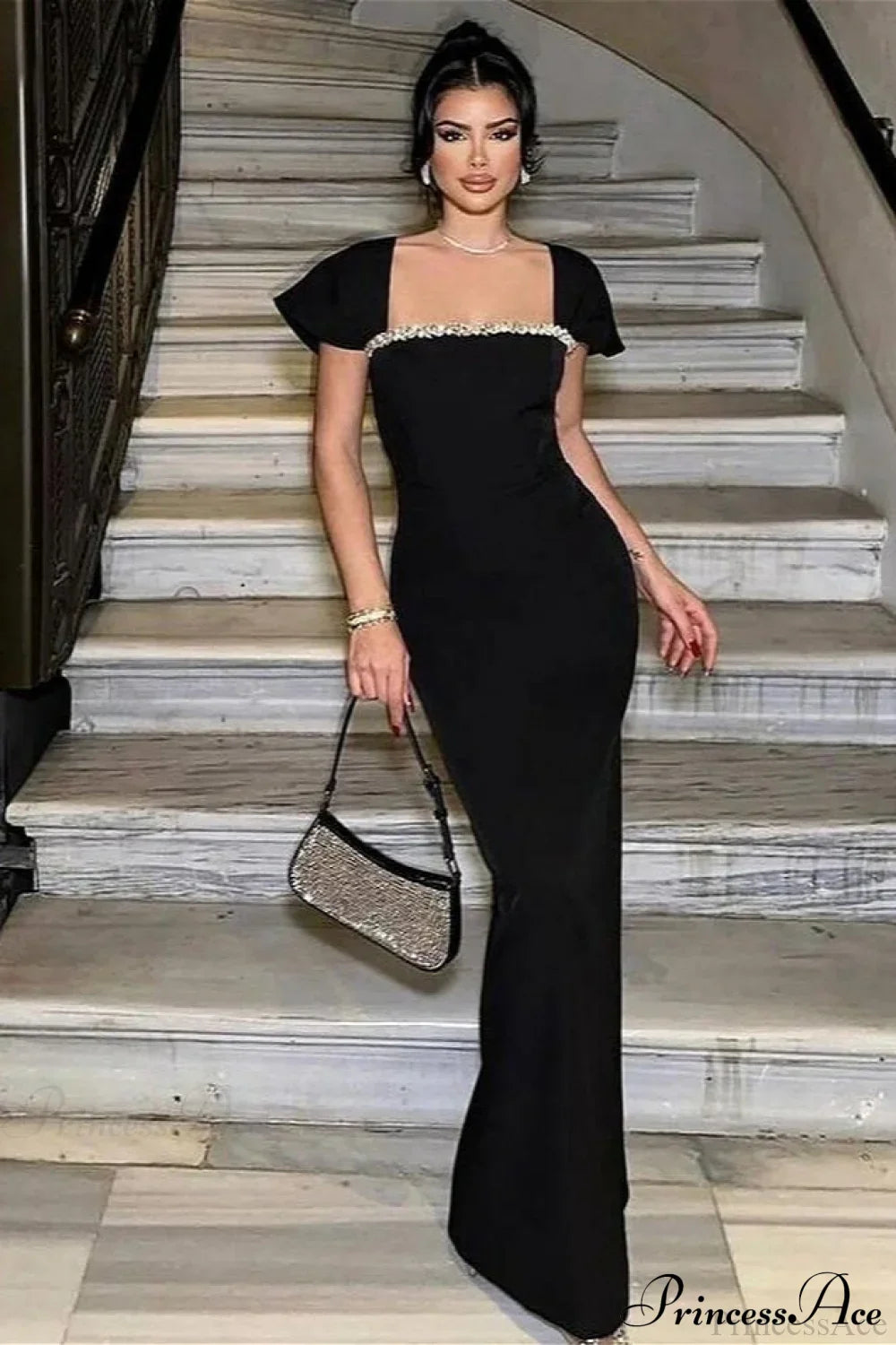 Bandage Rhinestone Square Neck Raglan Sleeve Party Dress image 1