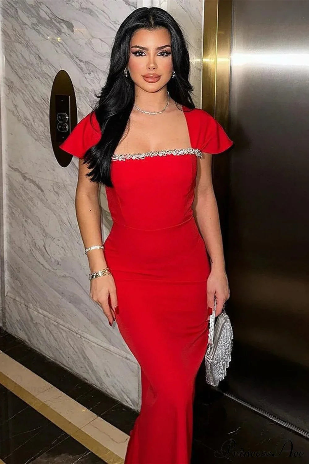 Bandage Rhinestone Square Neck Raglan Sleeve Party Dress image 2