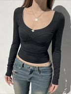 Basic Lace Trim Slim Square Collar Long Sleeve Knit Top image 1