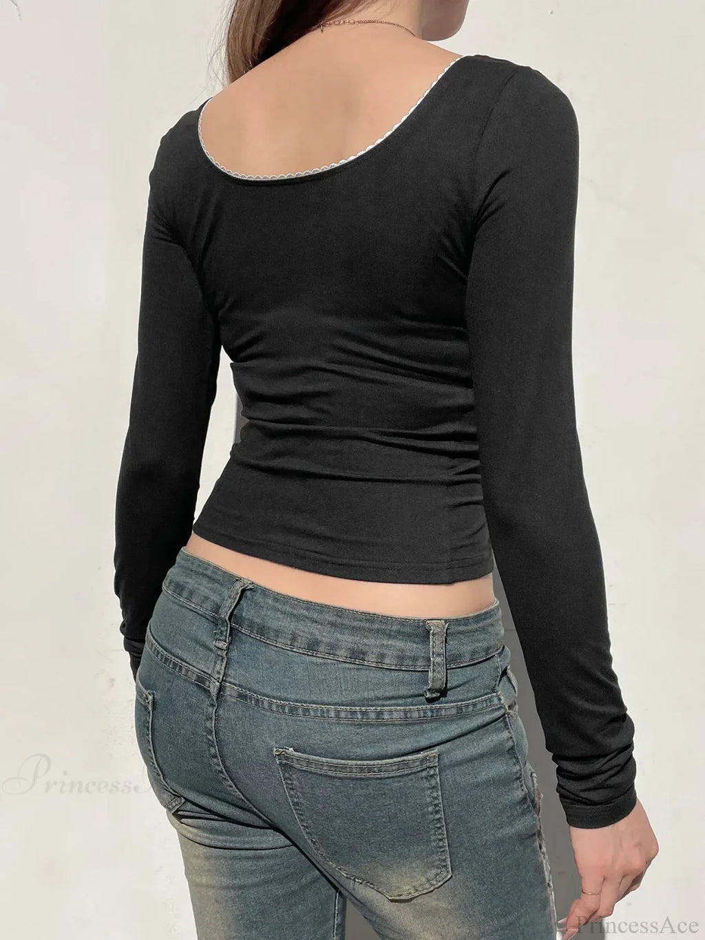 Basic Lace Trim Slim Square Collar Long Sleeve Knit Top image 3