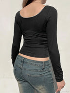 Basic Lace Trim Slim Square Collar Long Sleeve Knit Top image 3