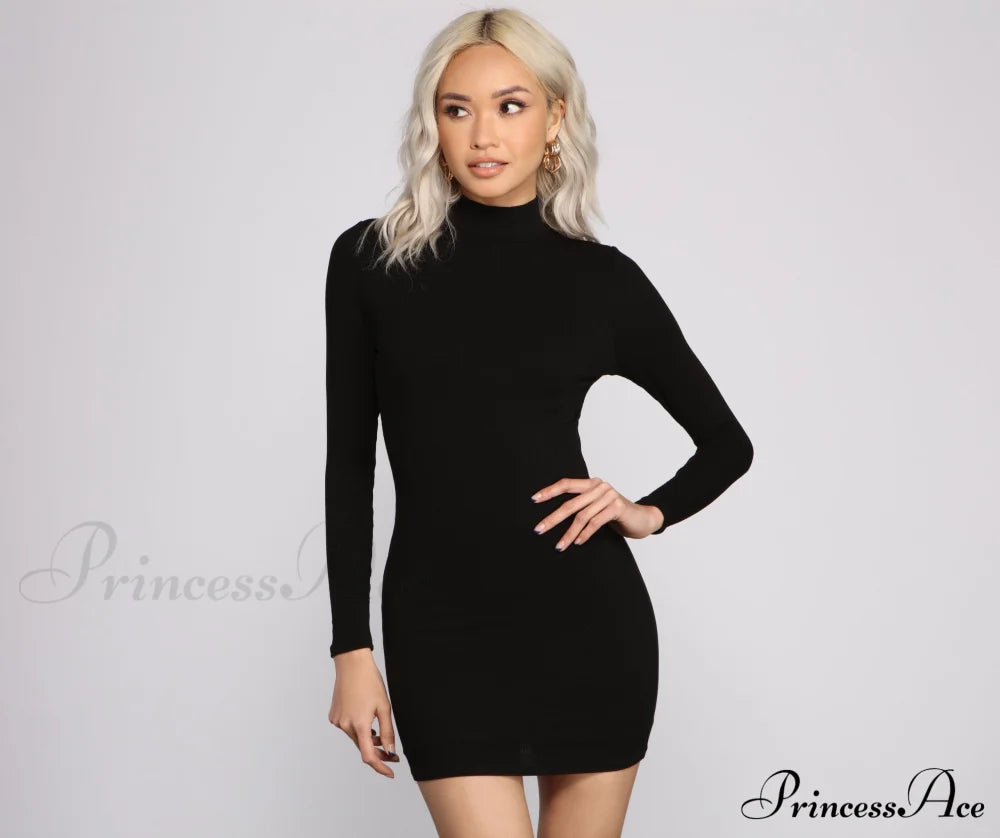 Basic Ribbed Knit Charming Long Sleeve Mini Dress image 1