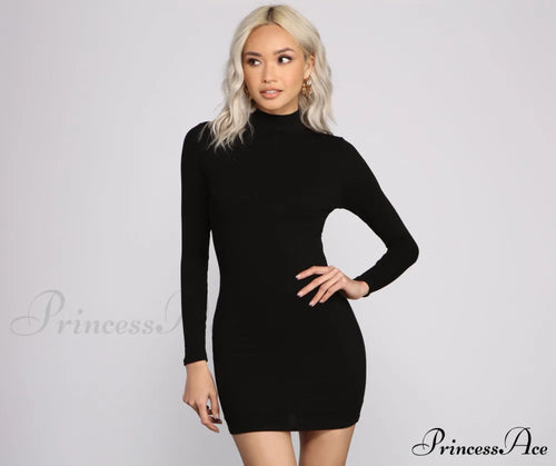 Basic Ribbed Knit Charming Long Sleeve Mini Dress image 1