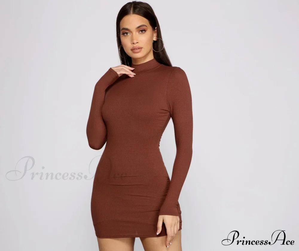 Basic Ribbed Knit Charming Long Sleeve Mini Dress image 9