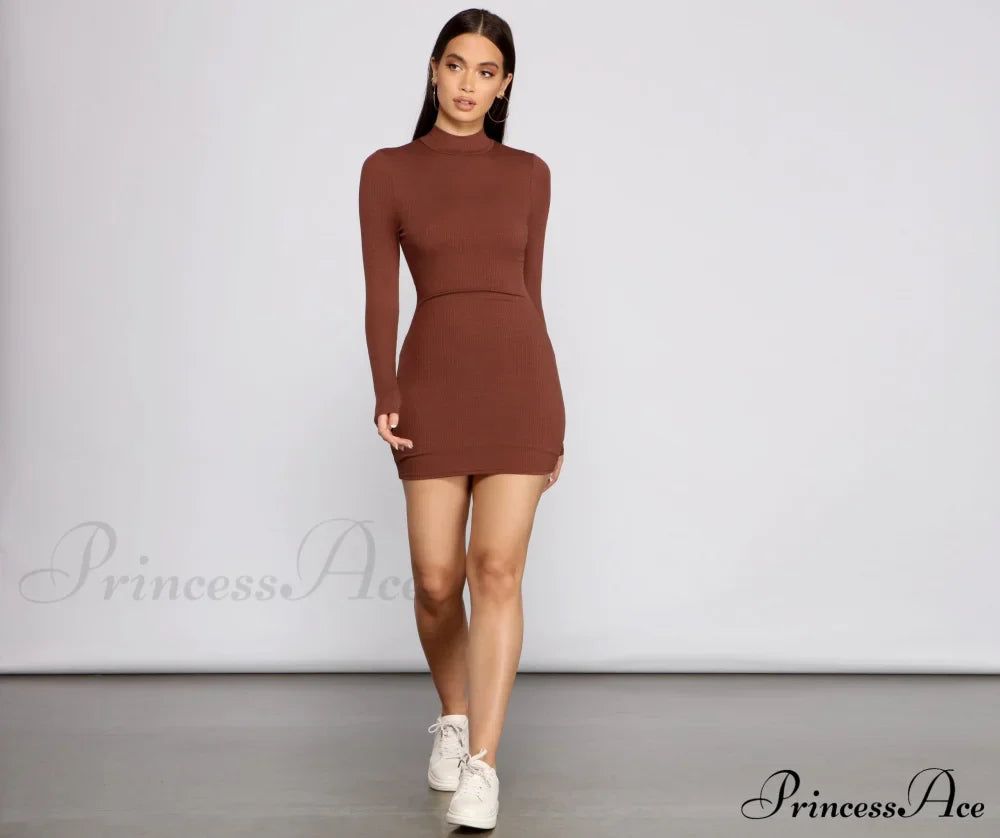 Basic Ribbed Knit Charming Long Sleeve Mini Dress image 12