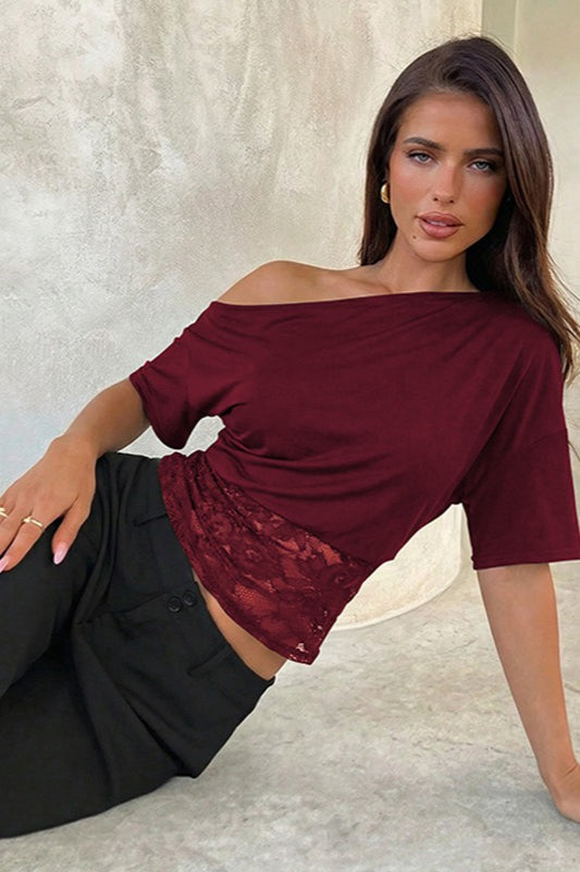 Asymmetric Off Shoulder Lace Waist Slim Crop T-shirt image 11