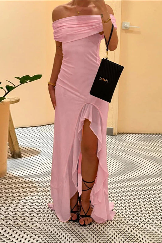 Off-Shoulder Ruffle Mesh Split Maxi Party Dress image 10