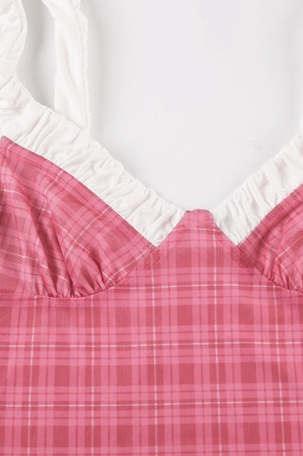 Red Plaid Mesh Ruched Two Piece Set image 7