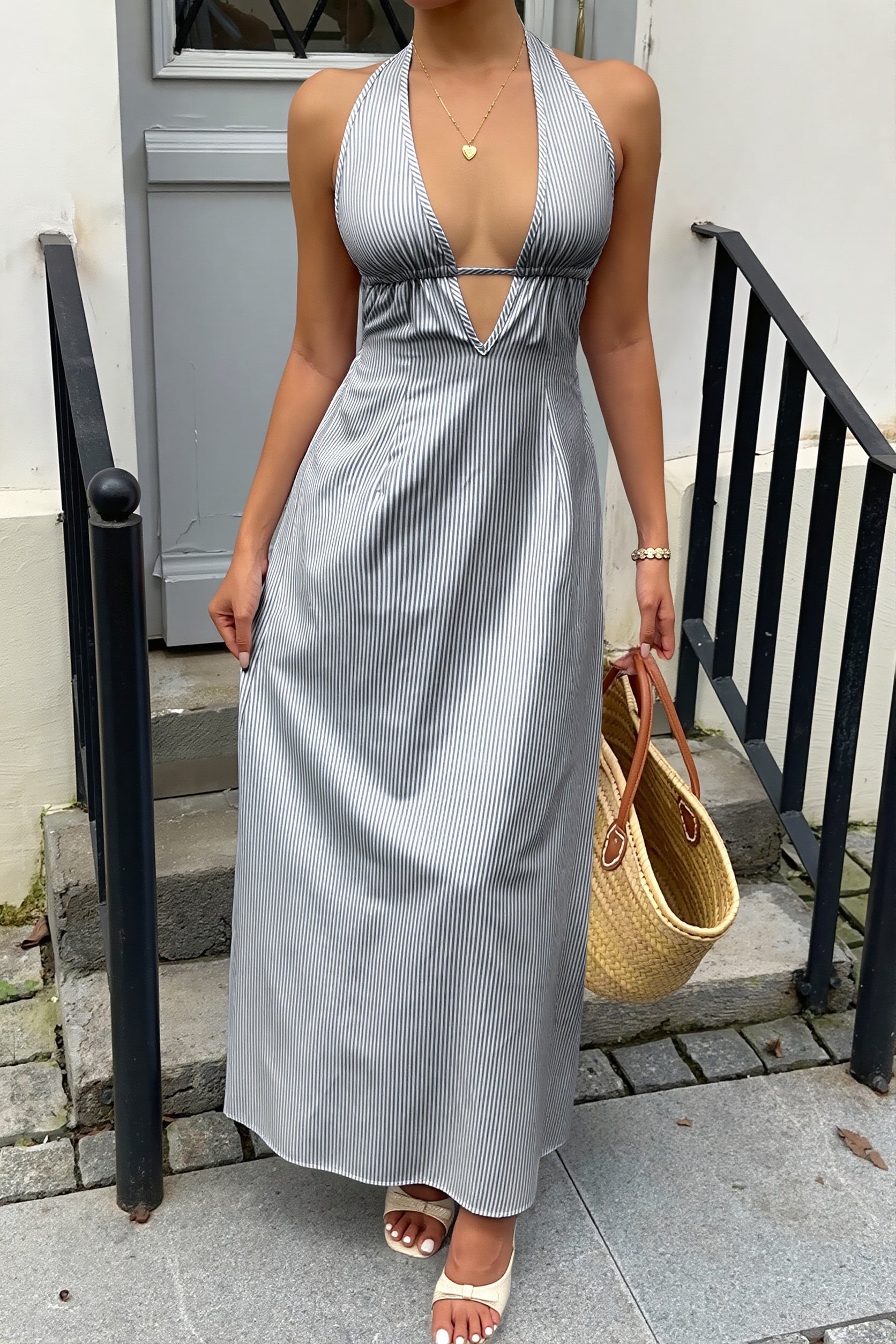 Sexy Stripe Halter Backless Lace Up Maxi Dress image 2