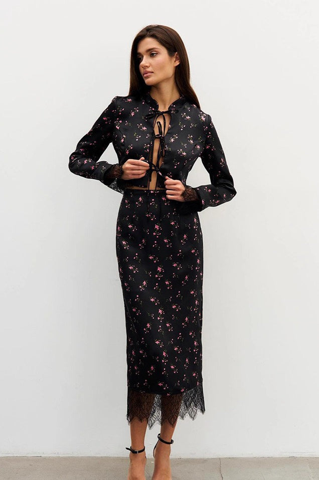 Chic Slim Floral Print Long Sleeve Skirt Set image 1