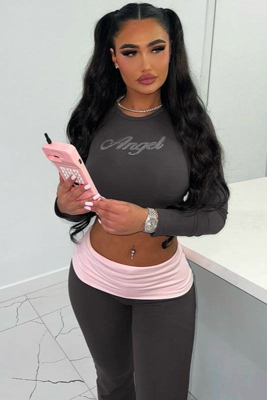 Rhinestone Color Block Crew Neck Two Piece Set image 1