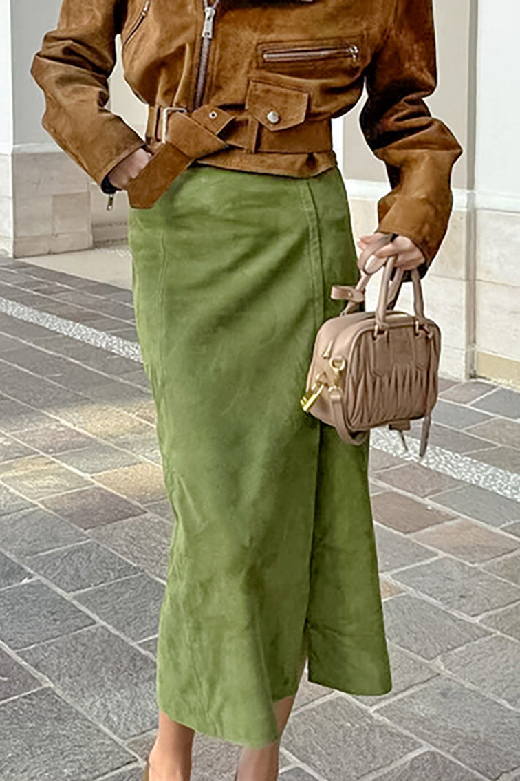 Velvet Green High-Waisted Slit Midi Skirt image 5