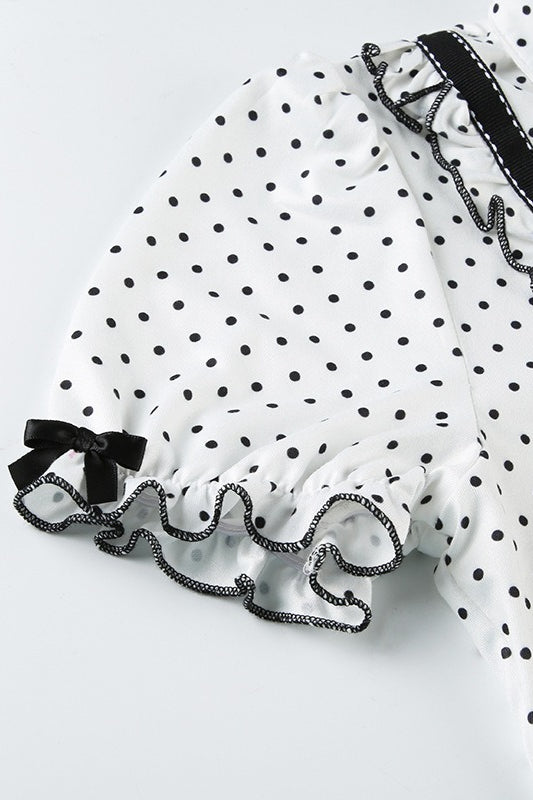 Lapel Button Bow Polka Dot Blouse image 5