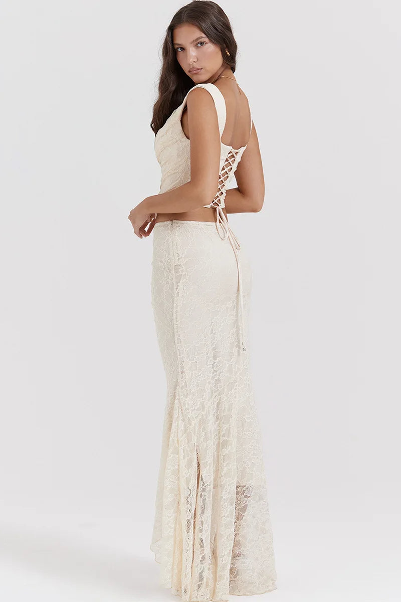 Elegant Lace-Up Crop Top & Maxi Skirt Boho Dress image 27