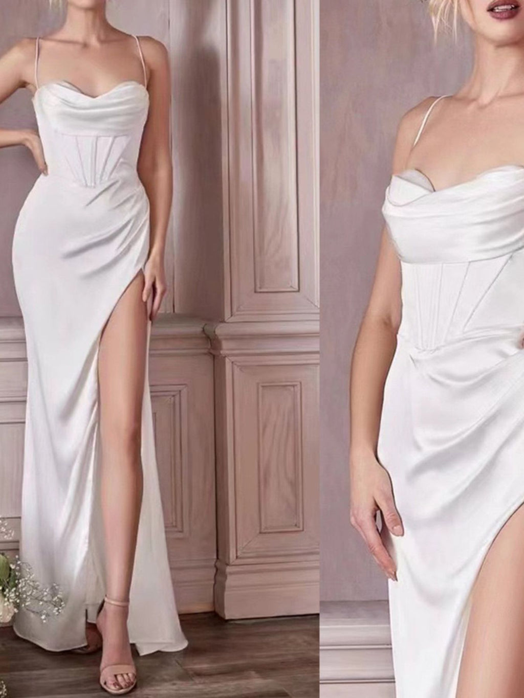 Aurelie Satin Maxi Dress detail view styled for Avrienne