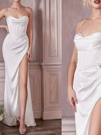 Aurelie Satin Maxi Dress detail view styled for Avrienne