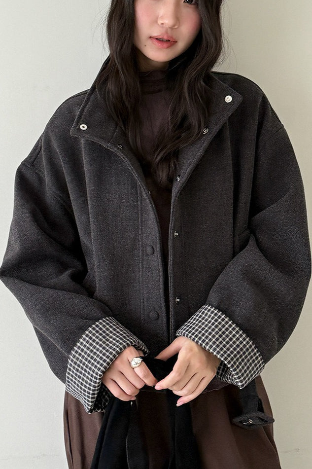 Short Cuffed Check Pieced Stand Collar Wool Coat image 3