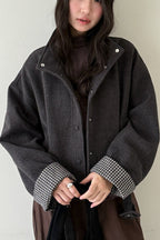 Short Cuffed Check Pieced Stand Collar Wool Coat image 3