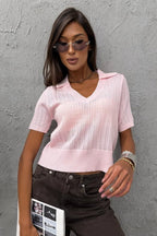 Minimalist Solid V Neck Knit Crop T-shirt image 7