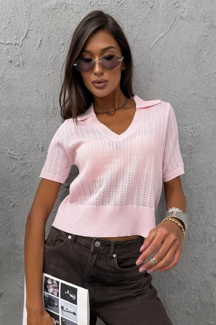 Minimalist Solid V Neck Knit Crop T-shirt image 7