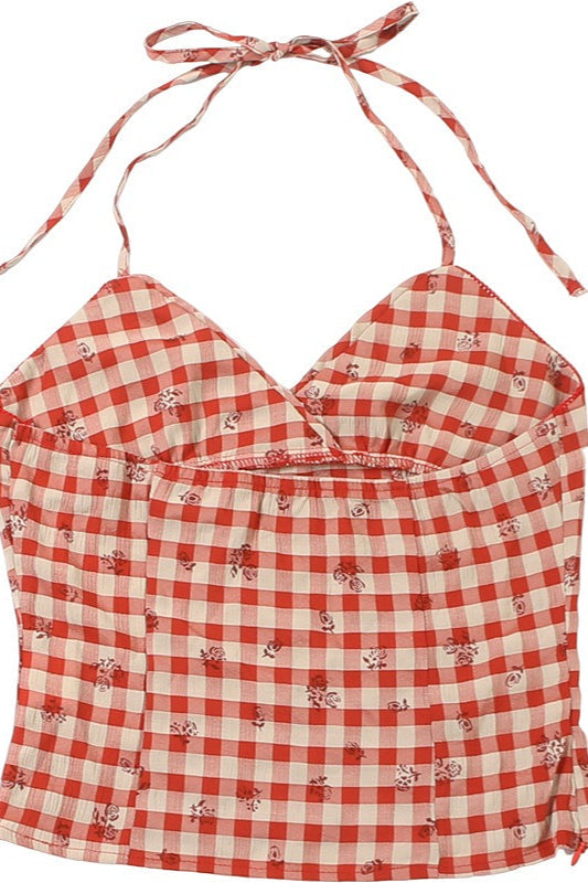 Fresh Red Plaid Backless Halter Top image 6