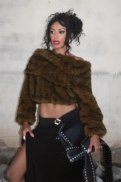 Chic Solid Furry Thick Off-shoulder Coat image 1
