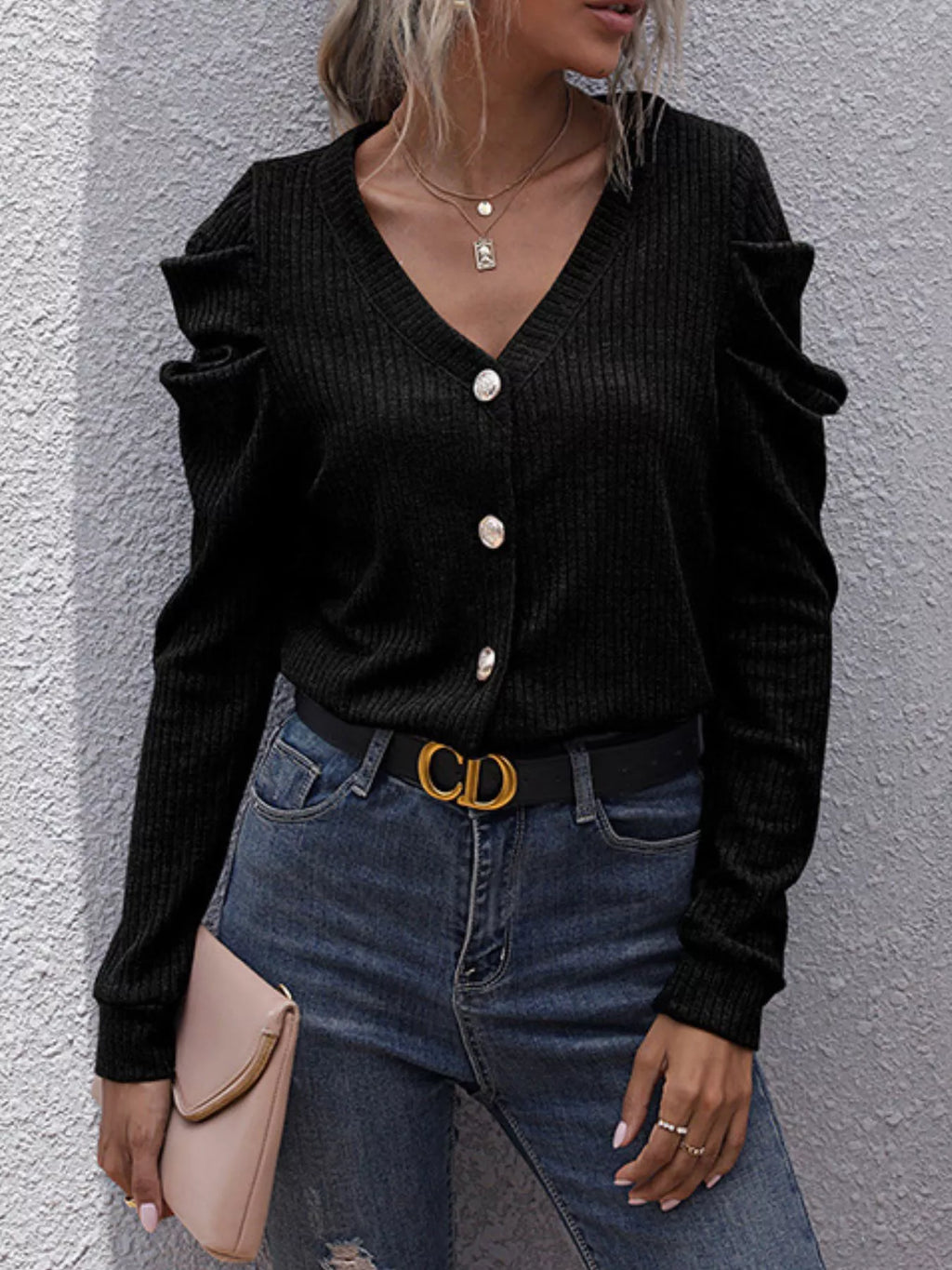 Clara Button Cardigan detail view styled for Avrienne