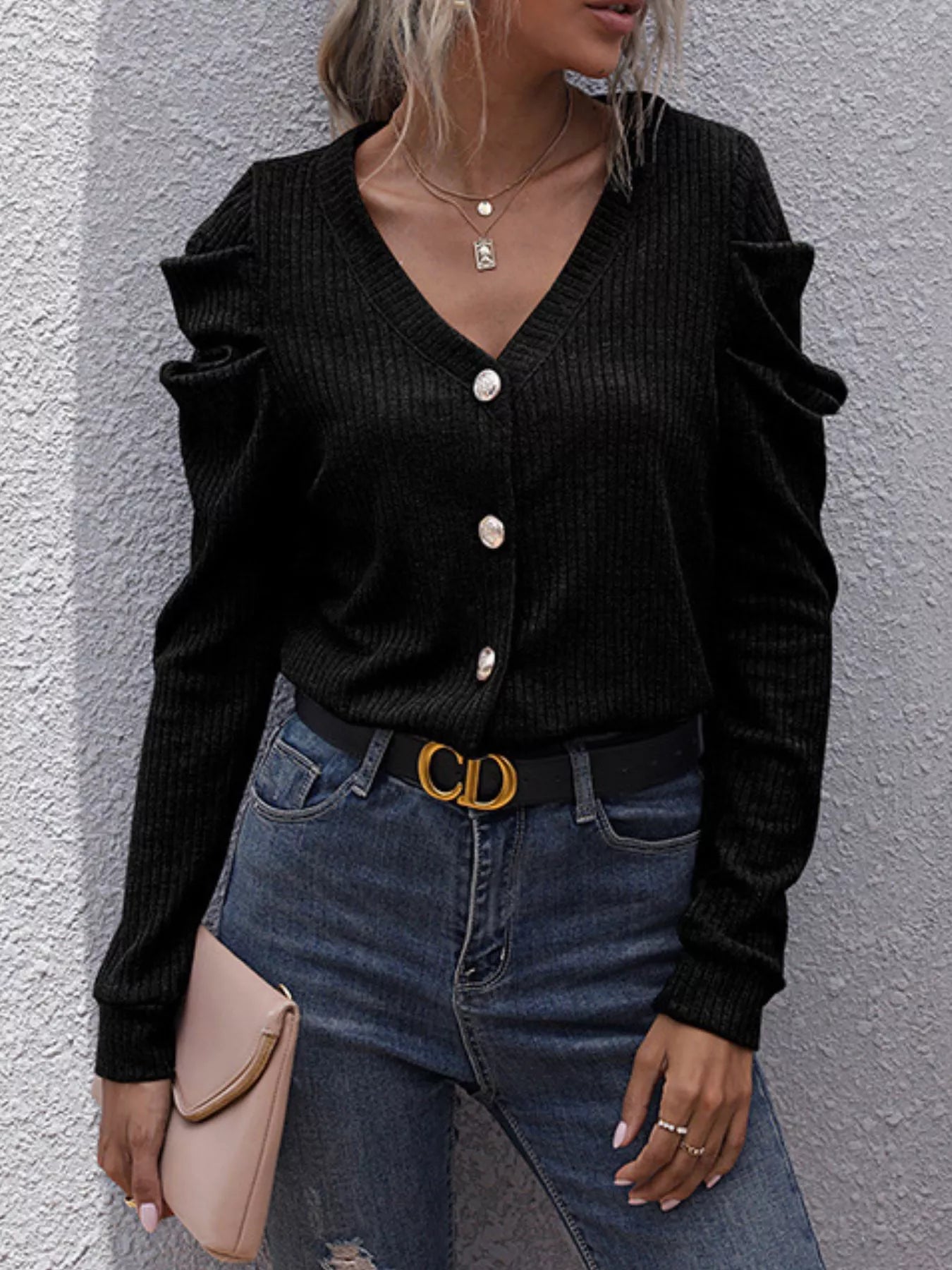 Clara Button Cardigan detail view styled for Avrienne