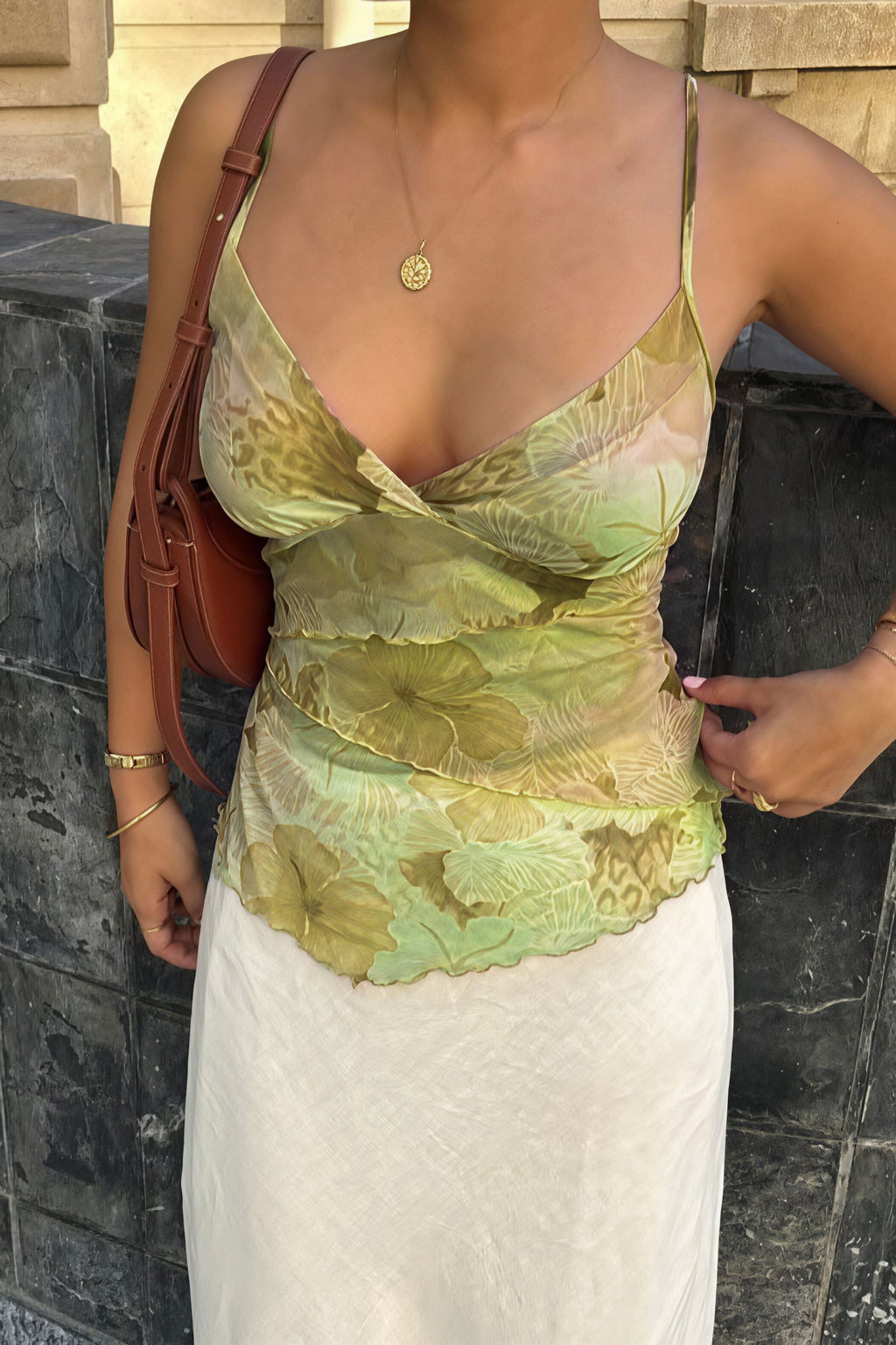 Retro Print Contrast Mesh Slim Cami Top image 2