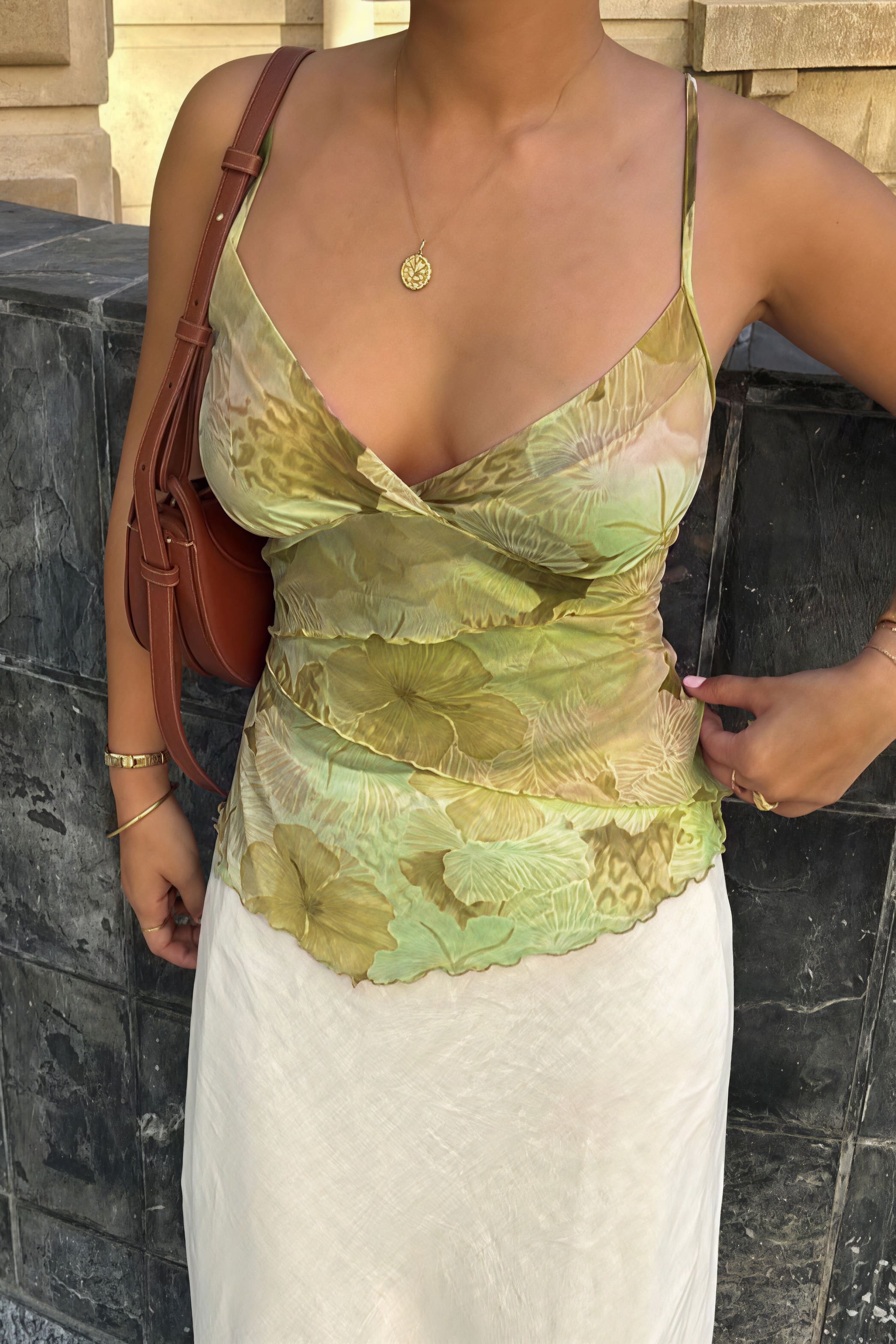 Retro Print Contrast Mesh Slim Cami Top image 2