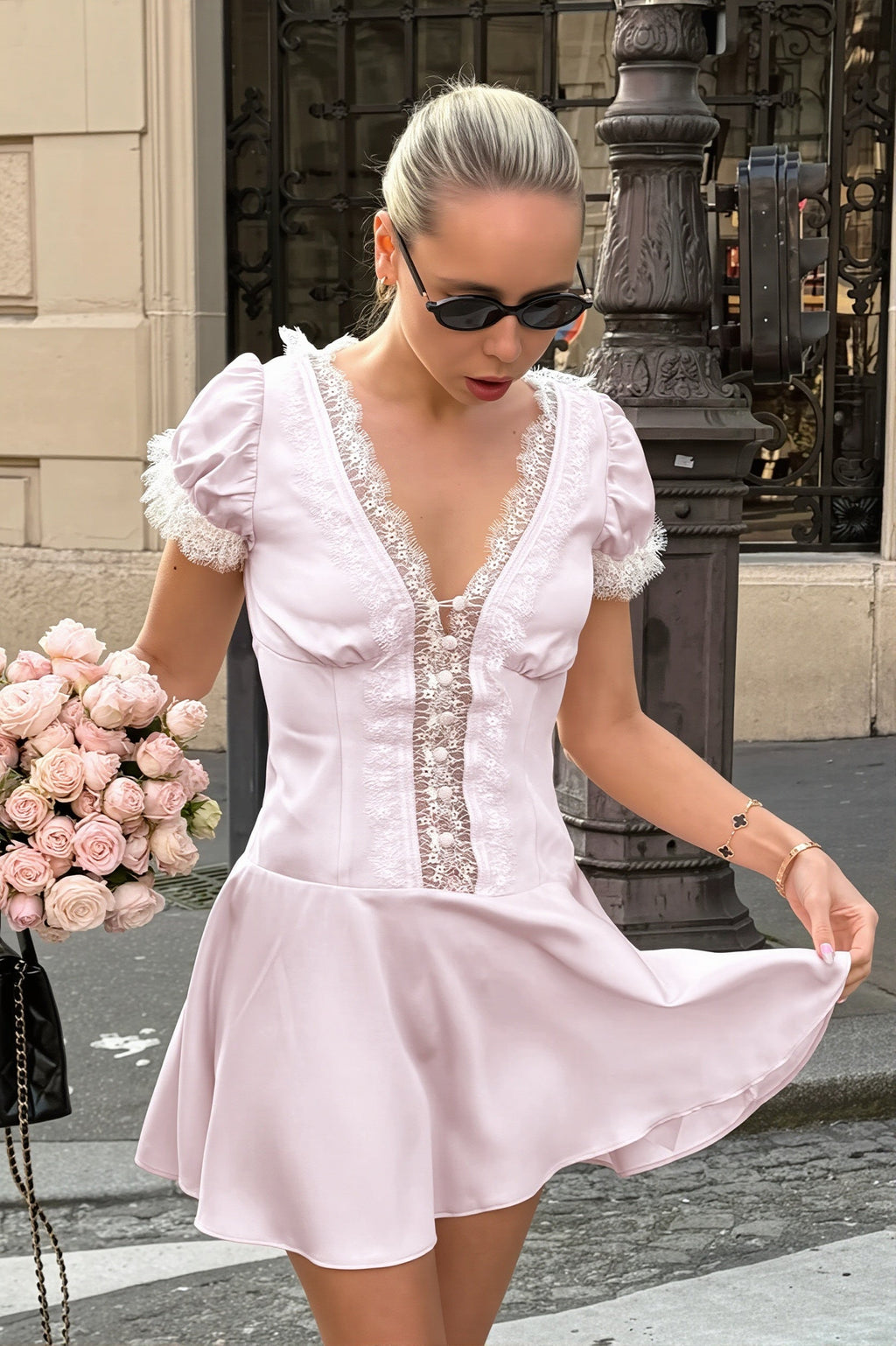 Pink Satin Lace Puff Sleeve Mini Dress image 3