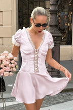 Pink Satin Lace Puff Sleeve Mini Dress image 3