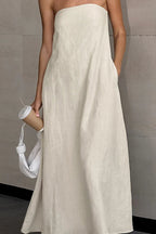 Khaki Cotton Linen Strapless Backless Maxi Dress image 2