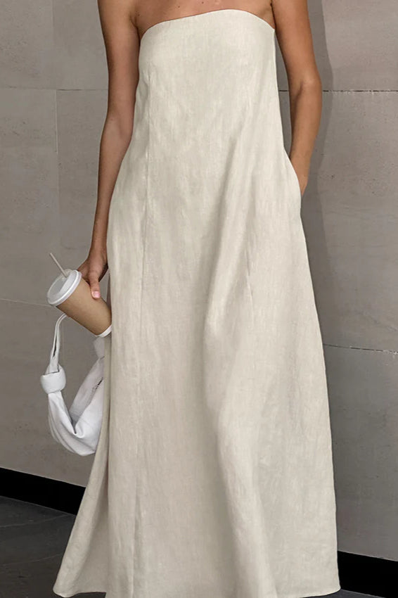 Khaki Cotton Linen Strapless Backless Maxi Dress image 2