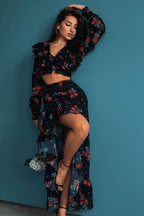 Long Sleeve Cropped Top Ruffled Split Bodycon Skirt Two Piece Set image 4