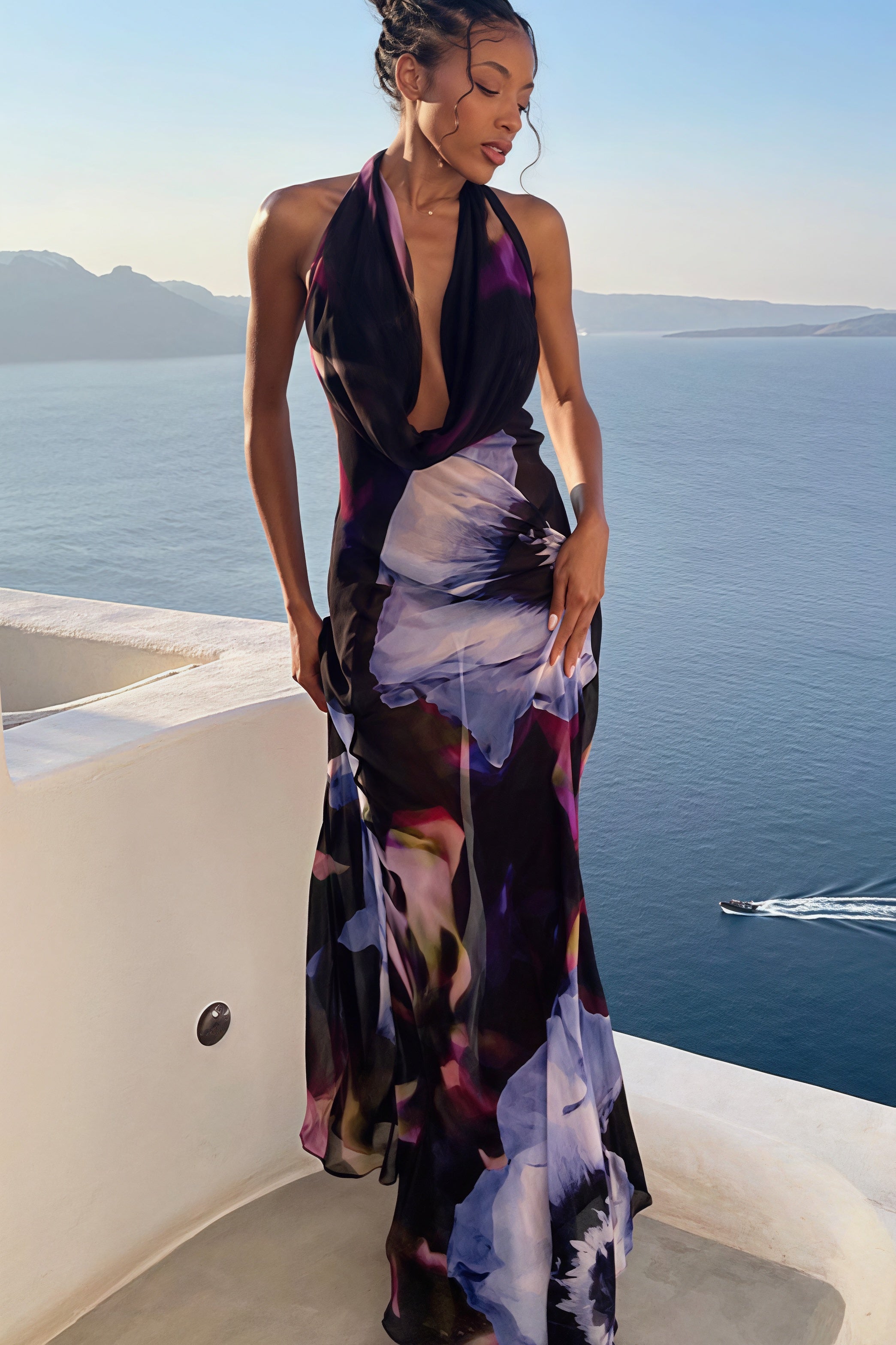 Elegant Digital Print Cowl Neck Vacation Maxi Dress image 1