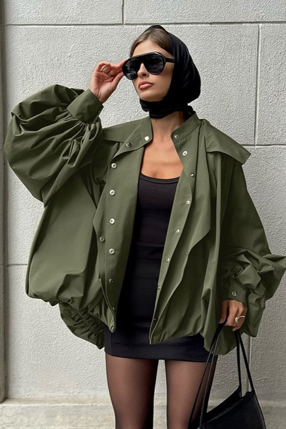 Retro Green Unique Oversized Slim Fake Two Piece Trench Jacket image 2