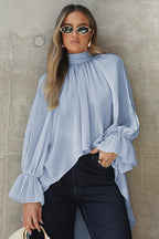 Blue Chiffon Bell Sleeve Cutout Blouse image 1