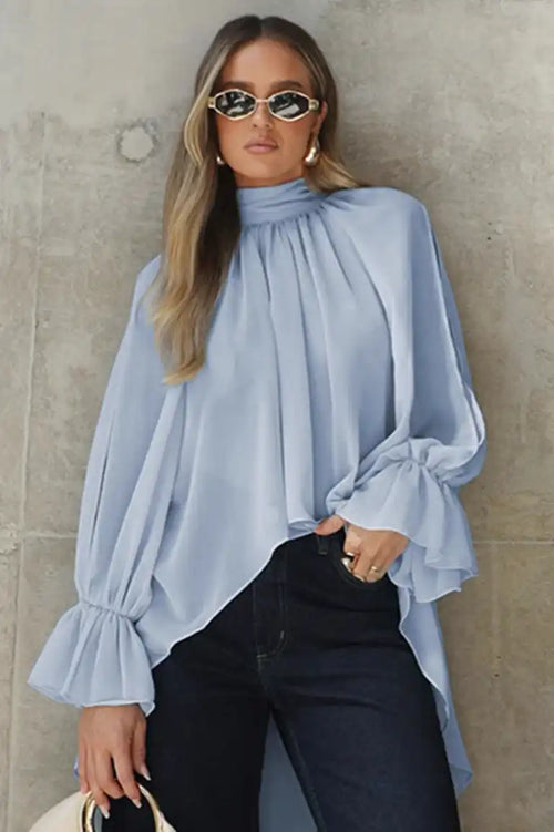 Blue Chiffon Bell Sleeve Cutout Blouse image 1