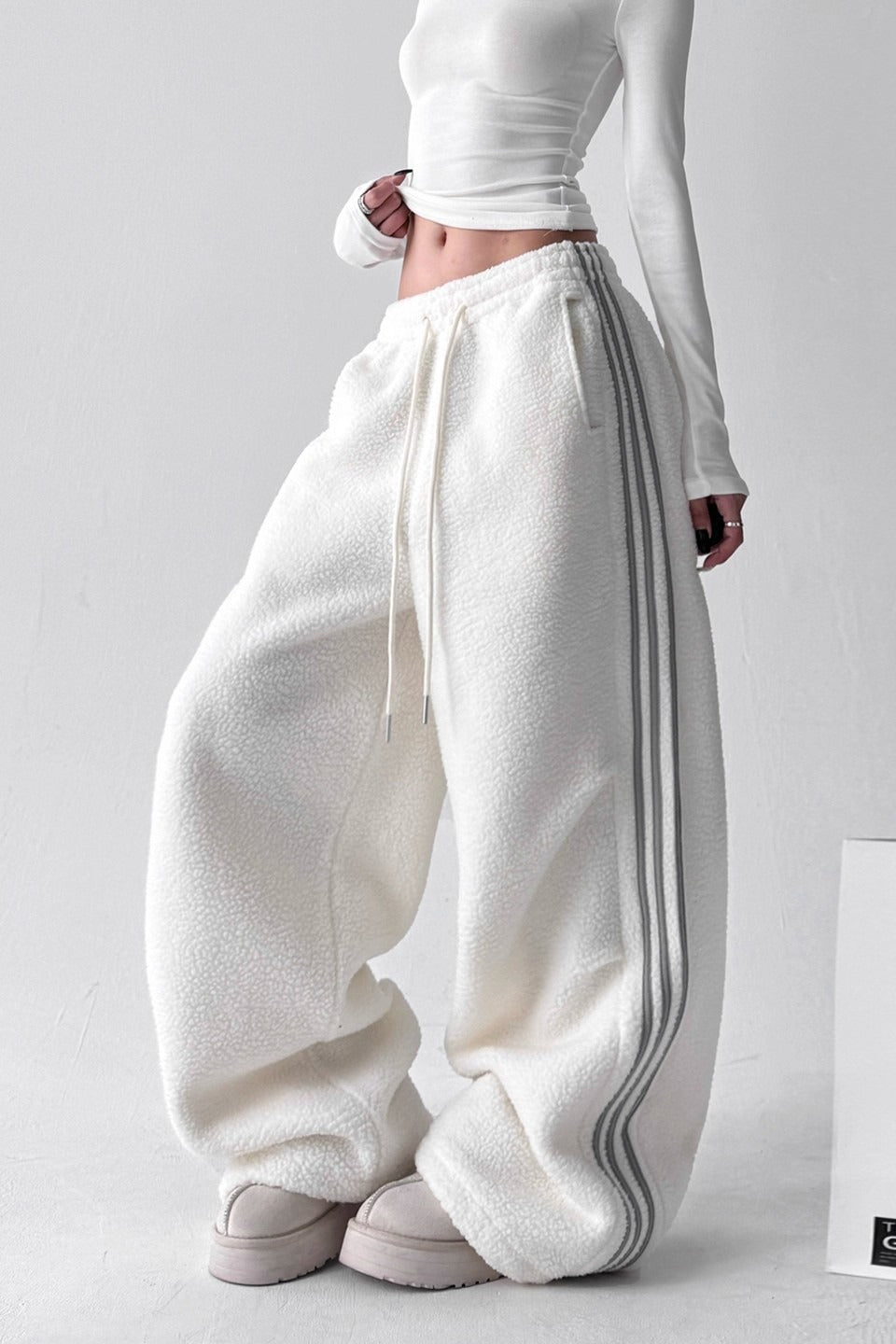 Sporty Plush Wide-Leg Striped Pants image 1