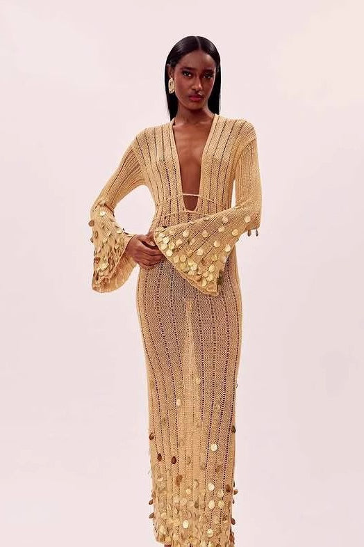 V Neck Belted Sequin Knit Maxi Dress image 2