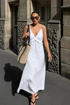 Sexy White Cotton Linen V-Neck Ruffle Loose Maxi Dress image 1