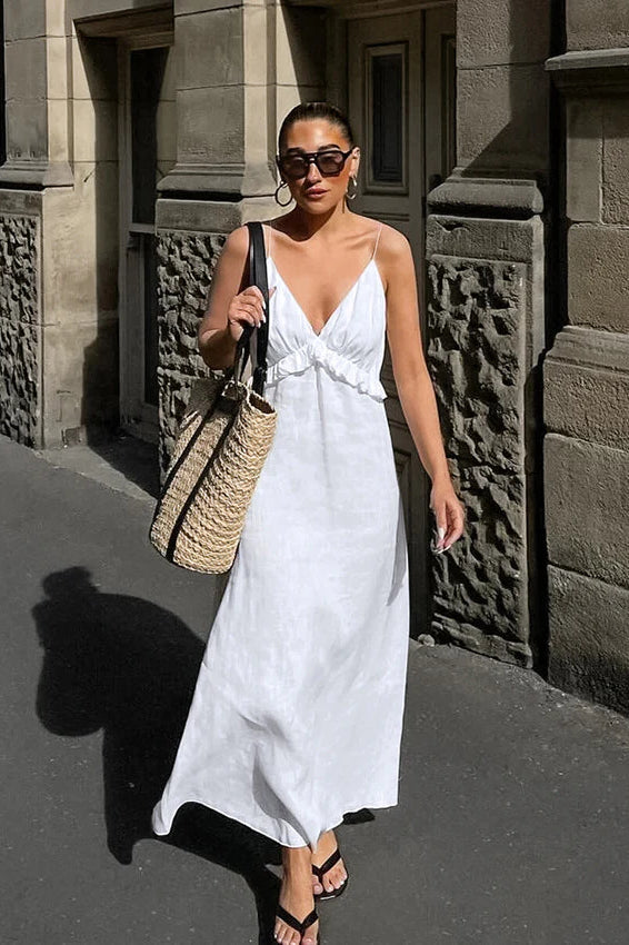 Sexy White Cotton Linen V-Neck Ruffle Loose Maxi Dress image 1
