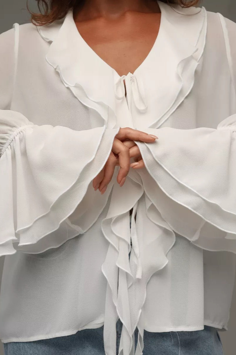 Solid V-Neck Ruffled Flare Sleeve Blouse image 7