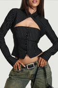 Striped Collared Buttoned Hollow Long Sleeve Blouse image 1